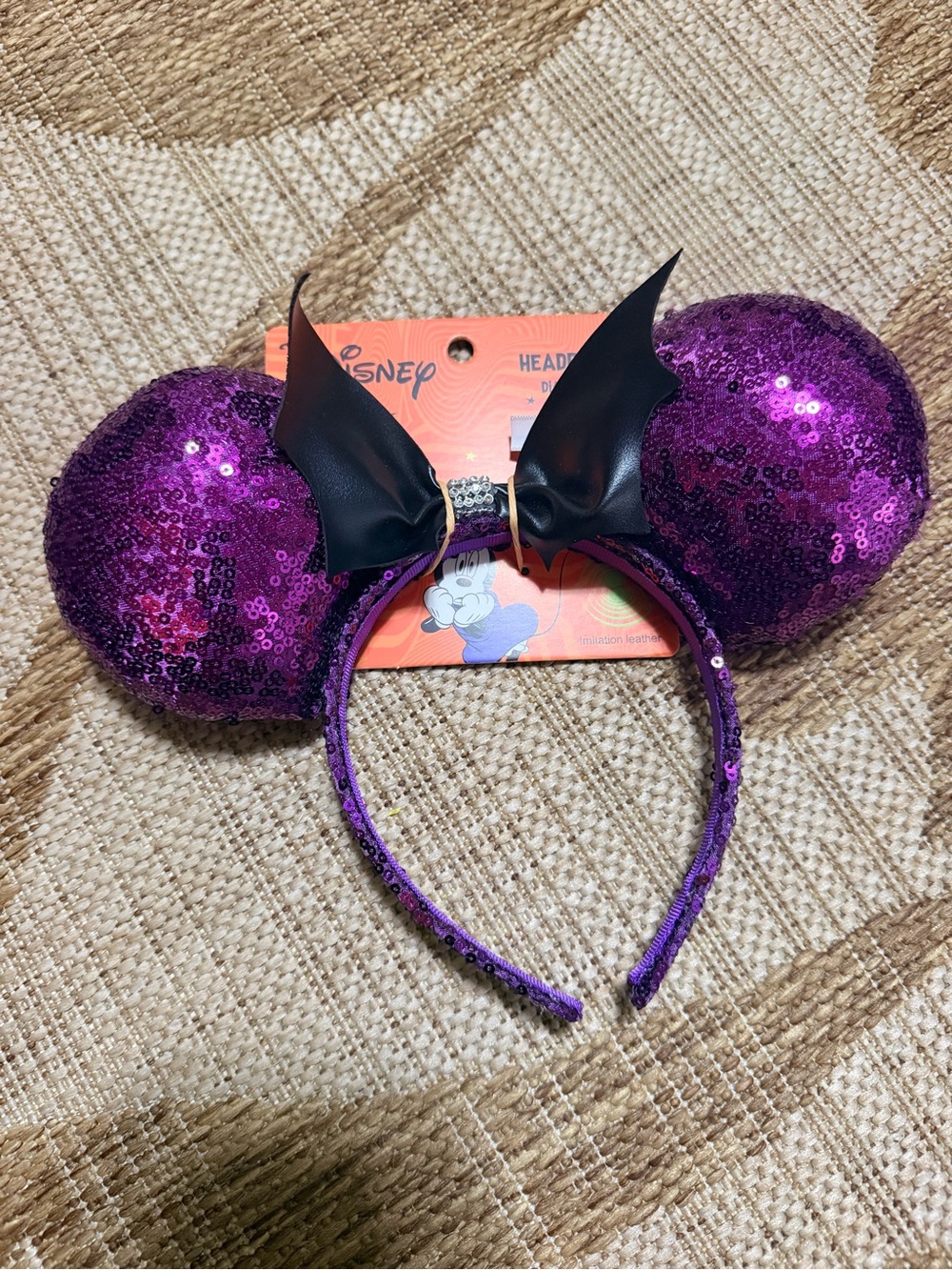 DISNEY Purple Sequin Mickey Minnie Ear Headband Black Bat Bow- Halloween
